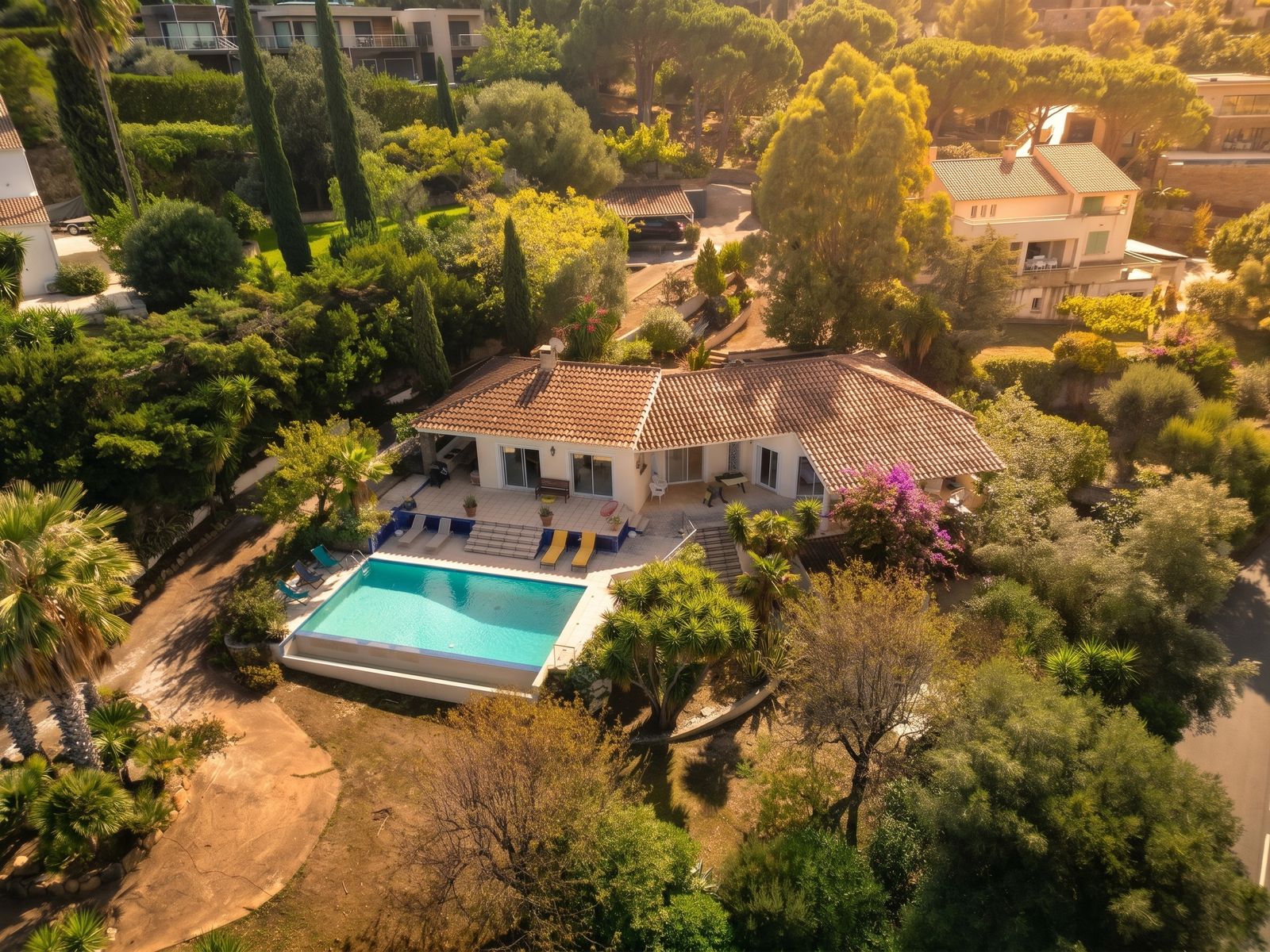 Vue aérienne de la maison et de sa piscine au coucher du soleil